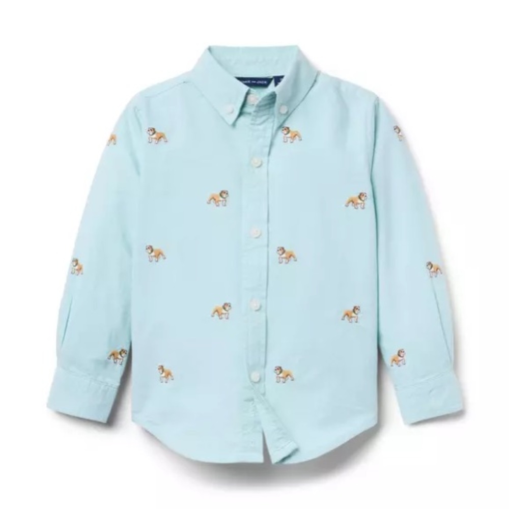 NEW Janie and Jack Boy Ocean Air Blue Bulldog Embroidered Oxford Shirt